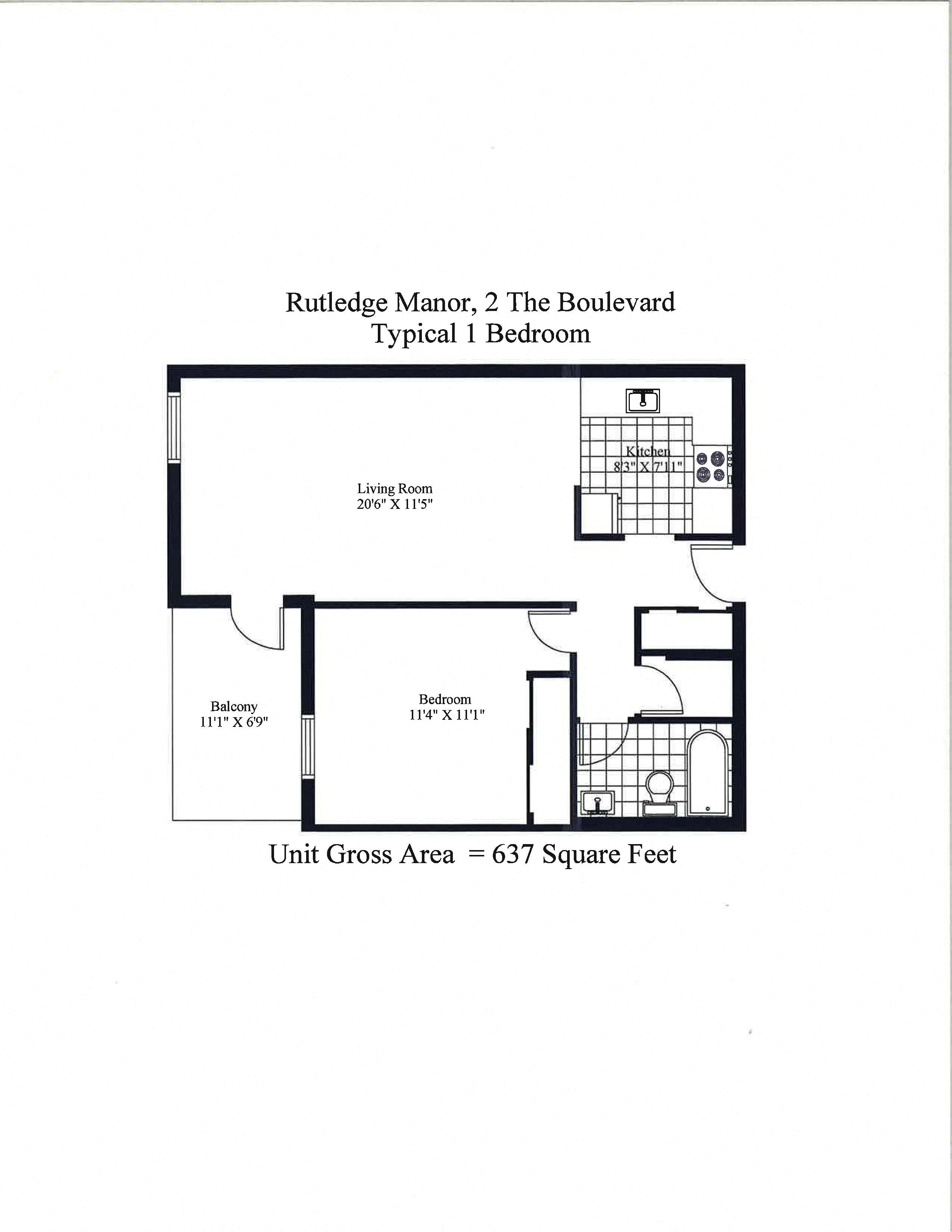 Floor plan for 1 bed, 1 bath, 788 sqft